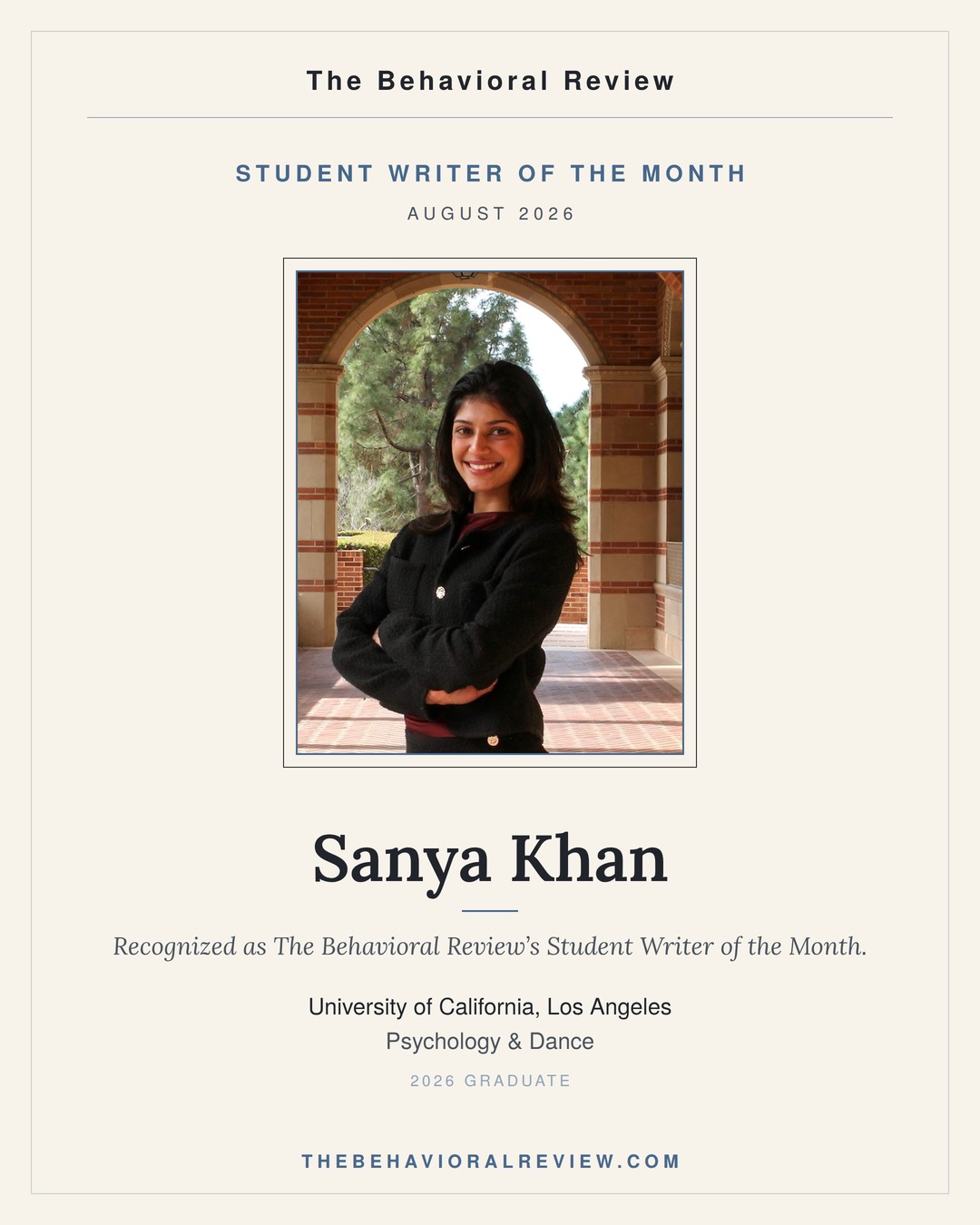 Sanya Khan — Student Writer of the Month, August 2026